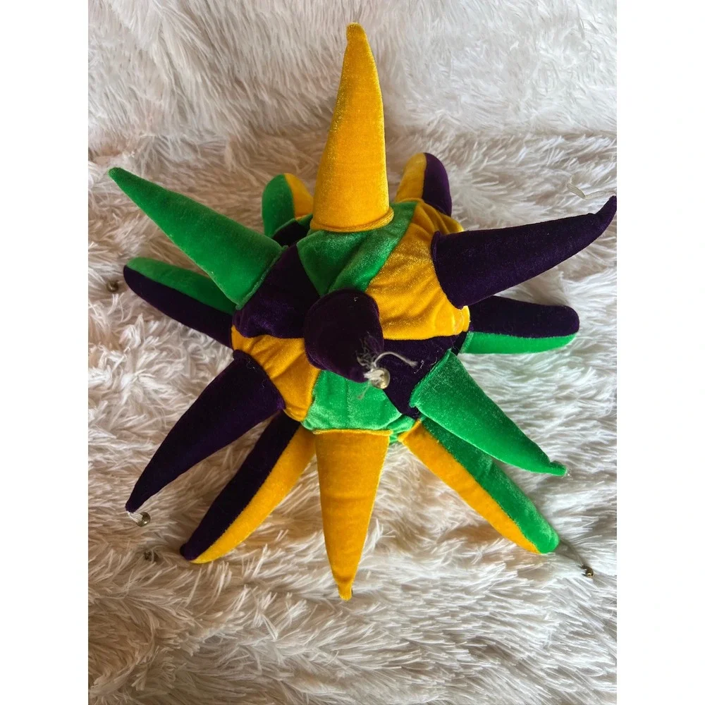 Mardi Gras Jester Hat OS Purple Green Gold Velvet Plush Bells Costume Joker READ